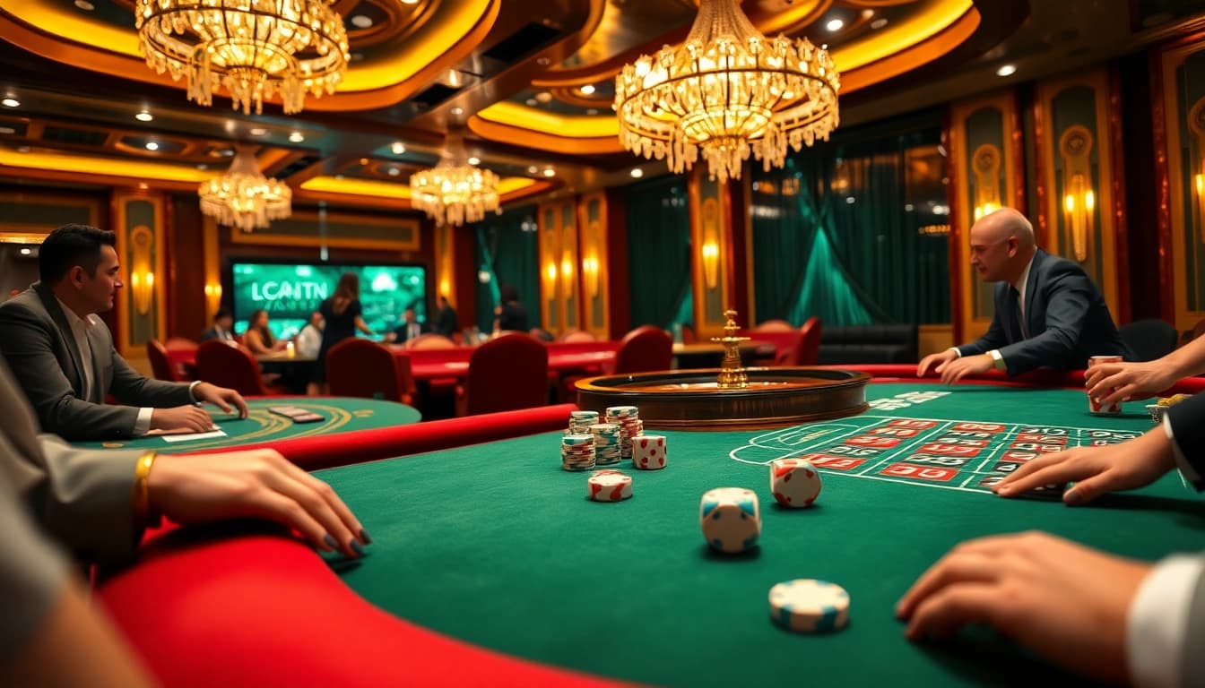 Players enjoying KJC casino games with dynamic poker tables and golden chips.