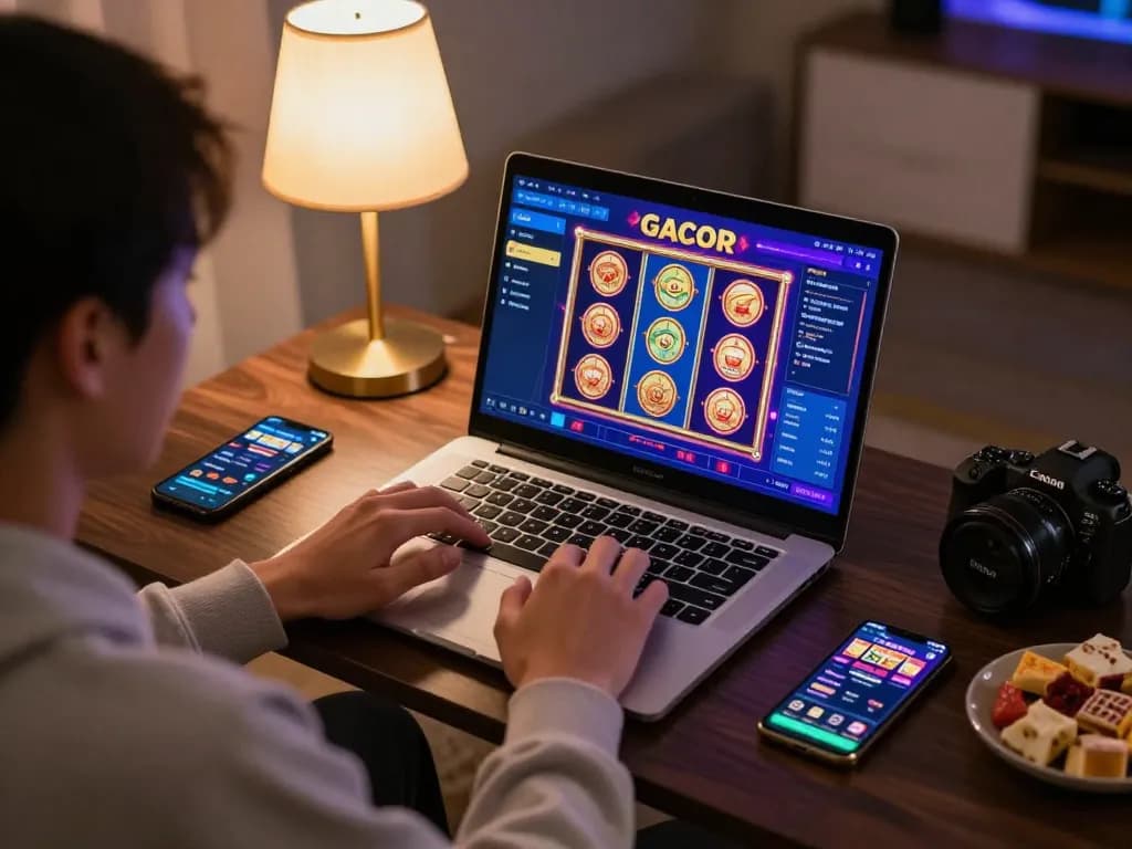 Engaging online session showcasing slot online gacor gameplay with vibrant interface on a laptop in a cozy home setting.