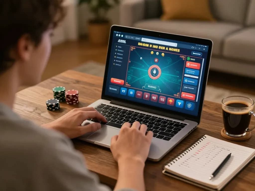 Playing online poker on a laptop at home, focusing on situs slot gacor strategy and gaming.
