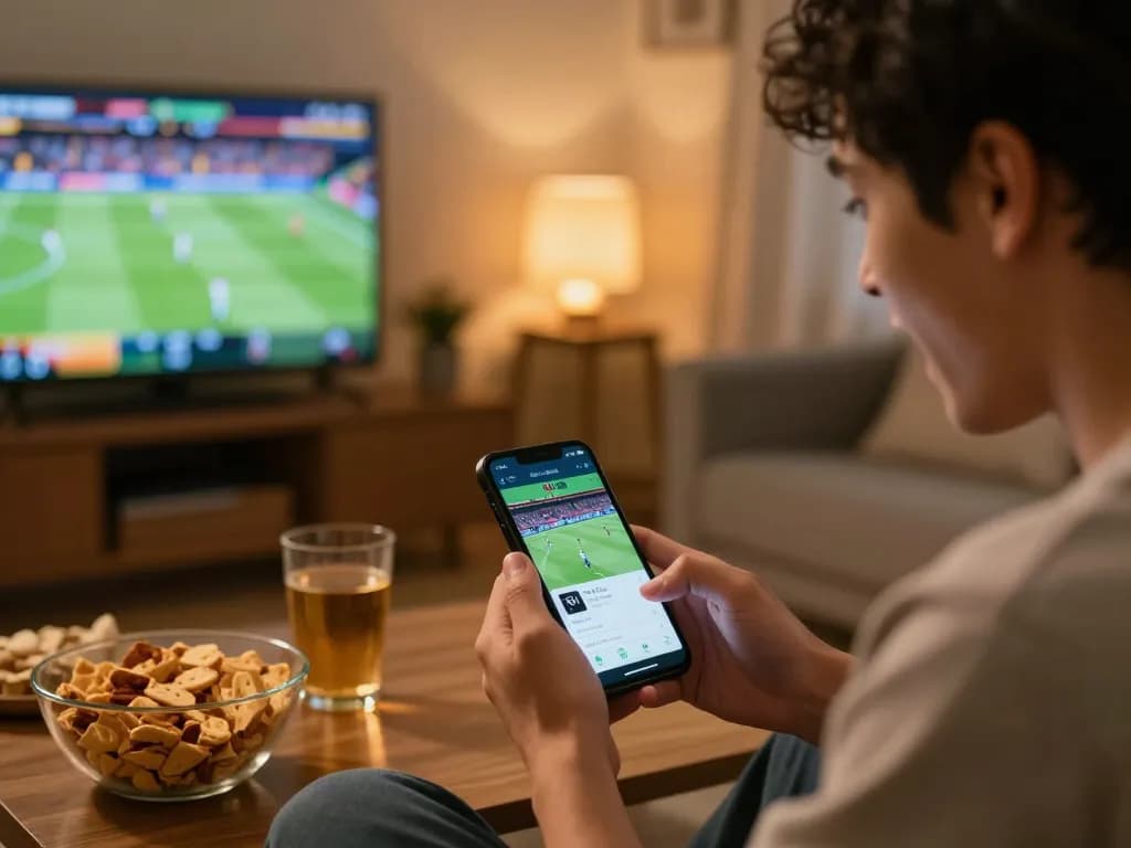 Engaging in sports betting on a smartphone while enjoying snacks in a cozy setting at home with 88vv.