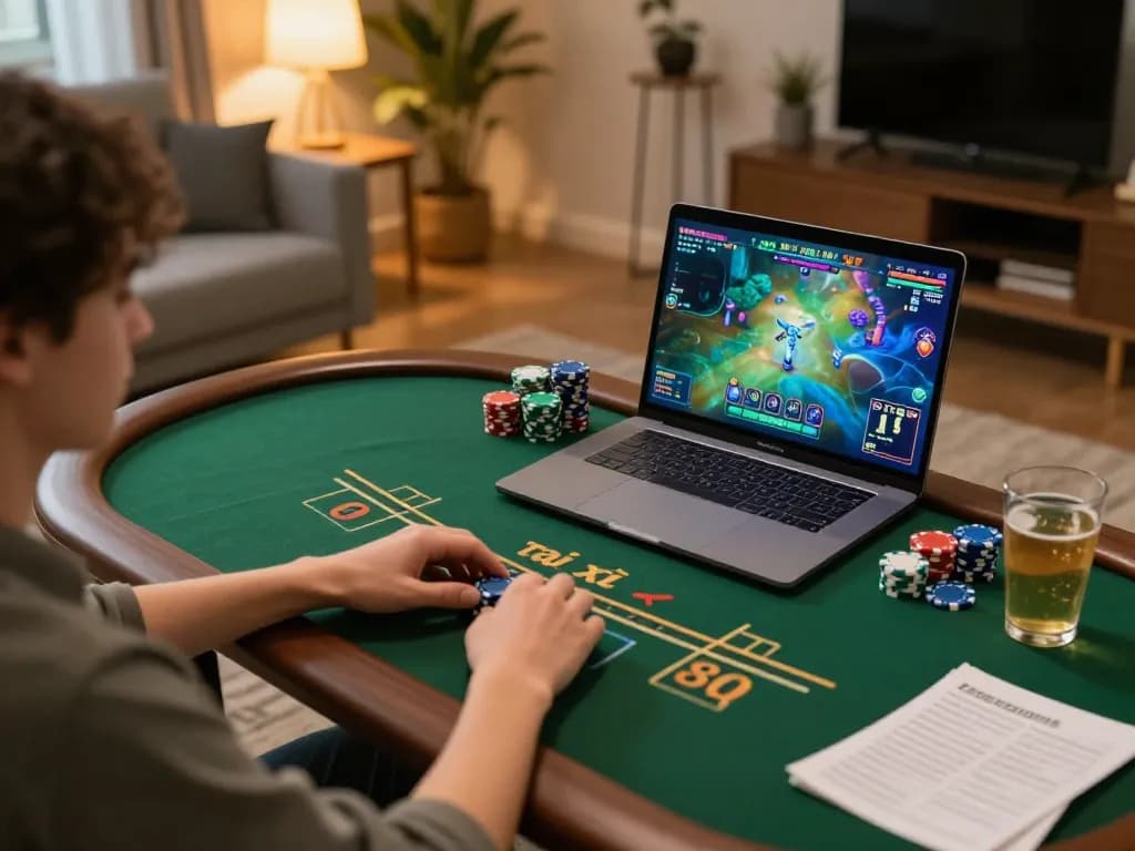 Tài xỉu online gameplay at home with a focused player using a well-designed laptop and betting chips.