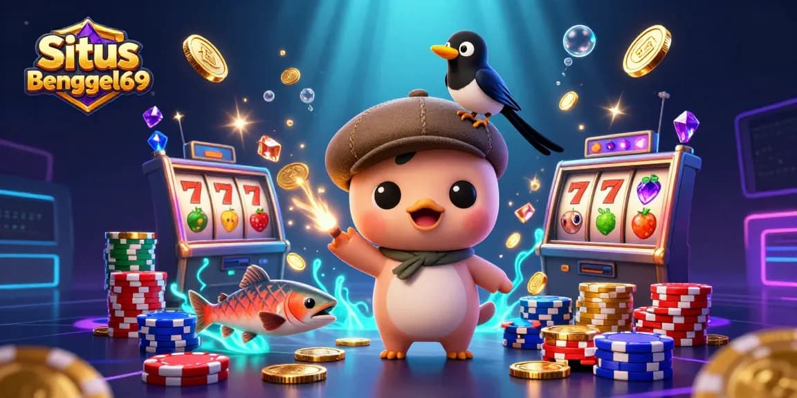 Engage with exciting games at Situs Bengkel69 featuring vibrant reels, cascading coins, and playful characters.
