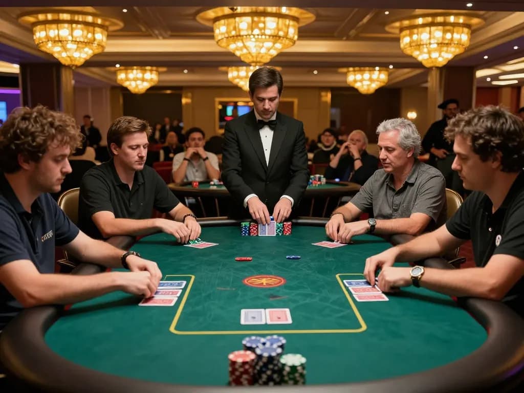7M poker players strategizing with chips at an upscale casino table
