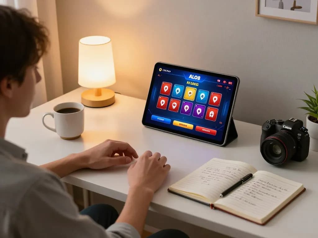 Person playing poker on ALO8 app in a cozy home setting surrounded by personal items