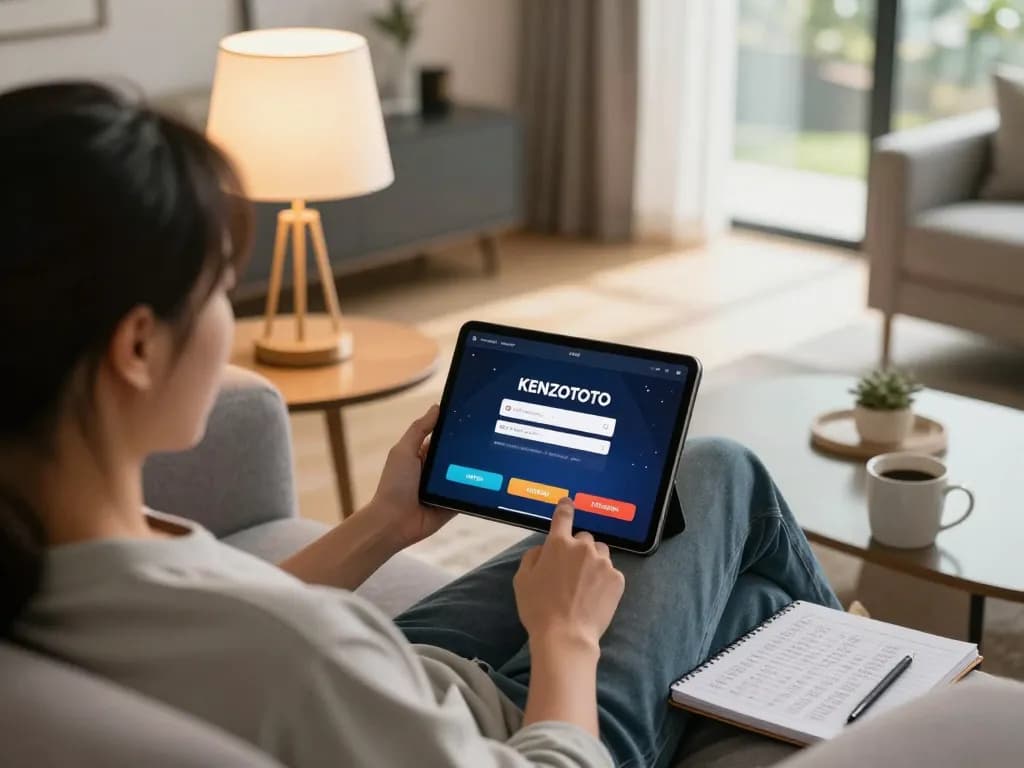 Terlibat dalam login KENZOTOTO di rumah, menunjukkan perjudian online di tablet.