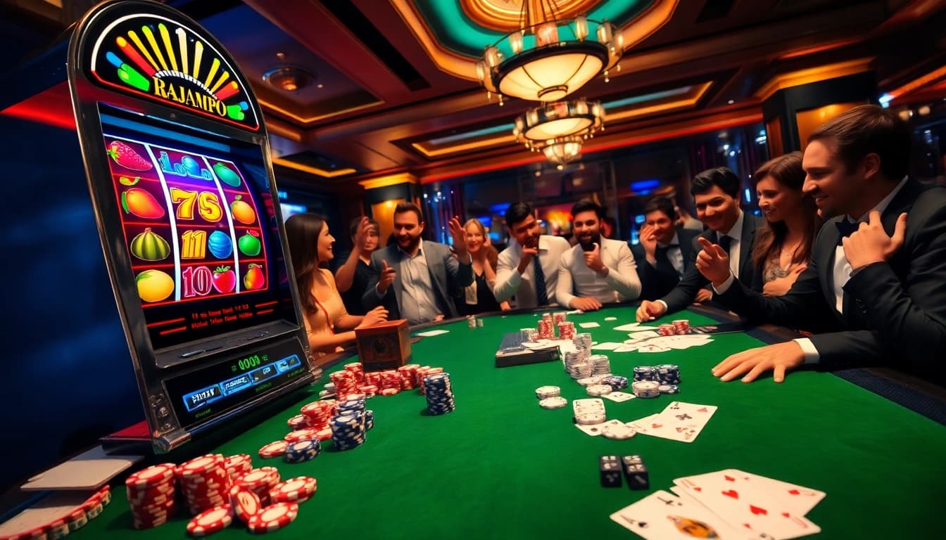 Pemain menikmati mesin slot RAJAMPO di suasana kasino yang berwarna-warni, merayakan kemenangan.