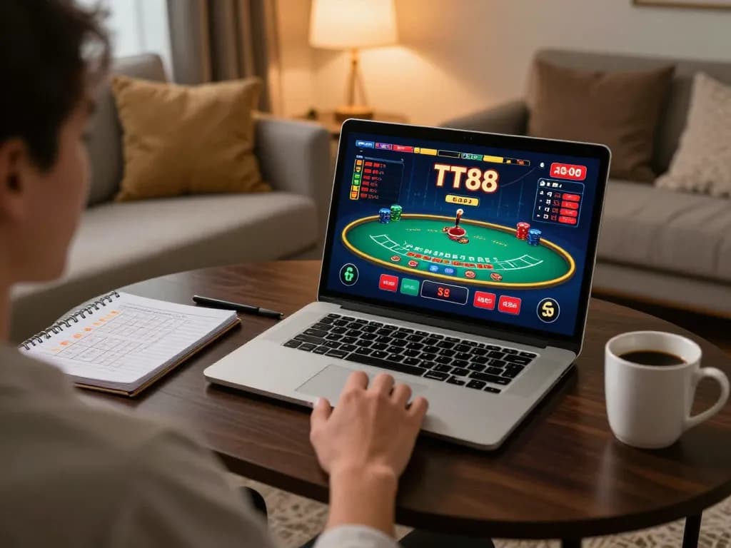 Player using the TT88 interface for online blackjack in a cozy home setting