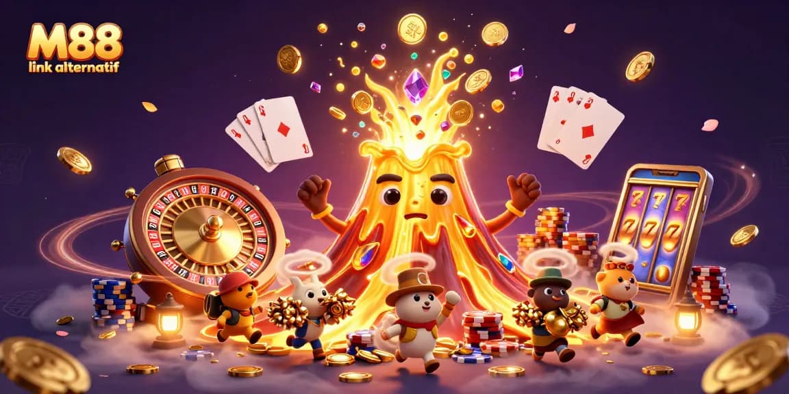Bet big with M88 link alternatif, showcasing a vibrant casino scene filled with sparkling rewards.