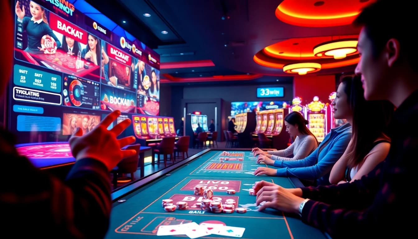 Exciting online gaming experience at 33win showcasing baccarat and vibrant slot machines.
