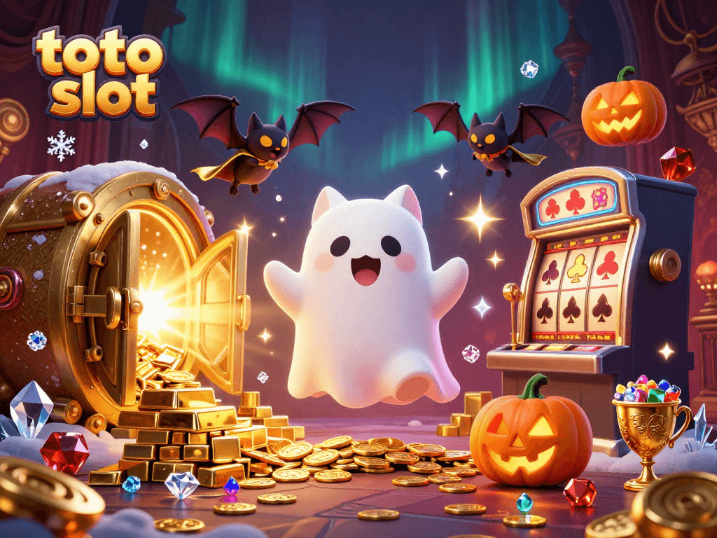 Spin the reels at toto slot with a ghost cat and vampire bat in a vibrant casino scene.