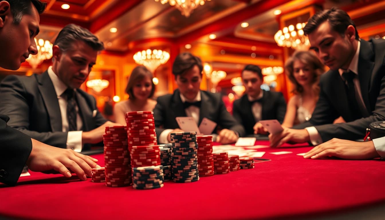 Katsu5 Resmi menampilkan pemain poker terampil di kasino dengan suasana intens dan mewah.
