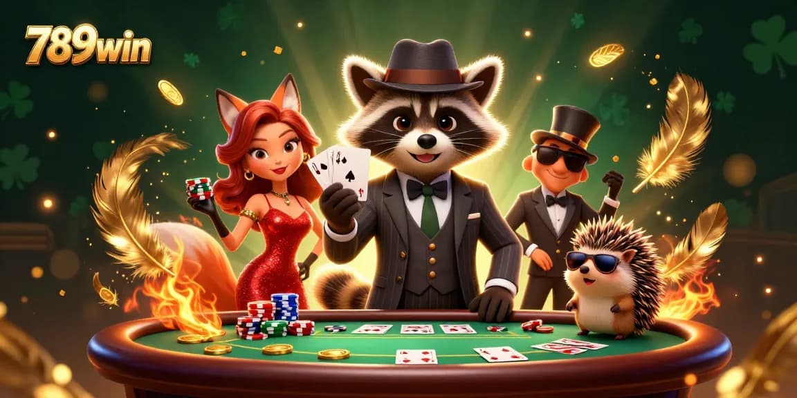 Engaging scene showcasing 789win's raccoon, fox, and hedgehog delighting in thrilling poker action.