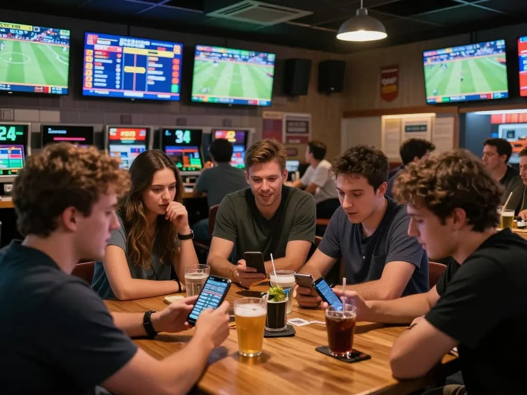 Fans analyzing odds on their smartphone at Nowgoal's sports betting lounge, showcasing excitement.