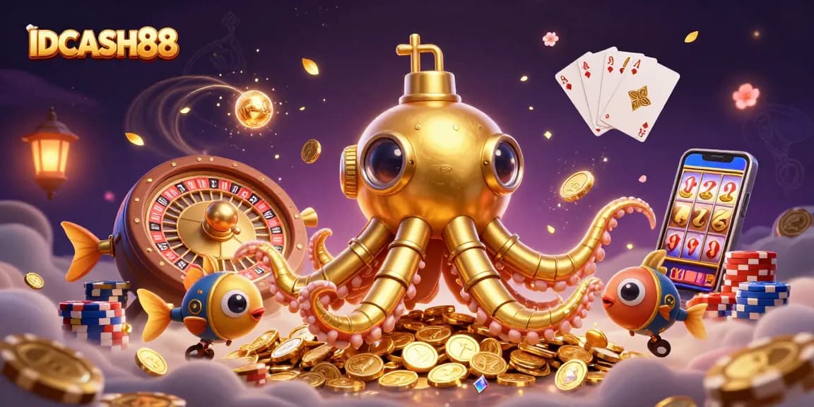 Engage in vibrant gameplay at IDCASH88 with a golden kraken submarine and dazzling casino elements.