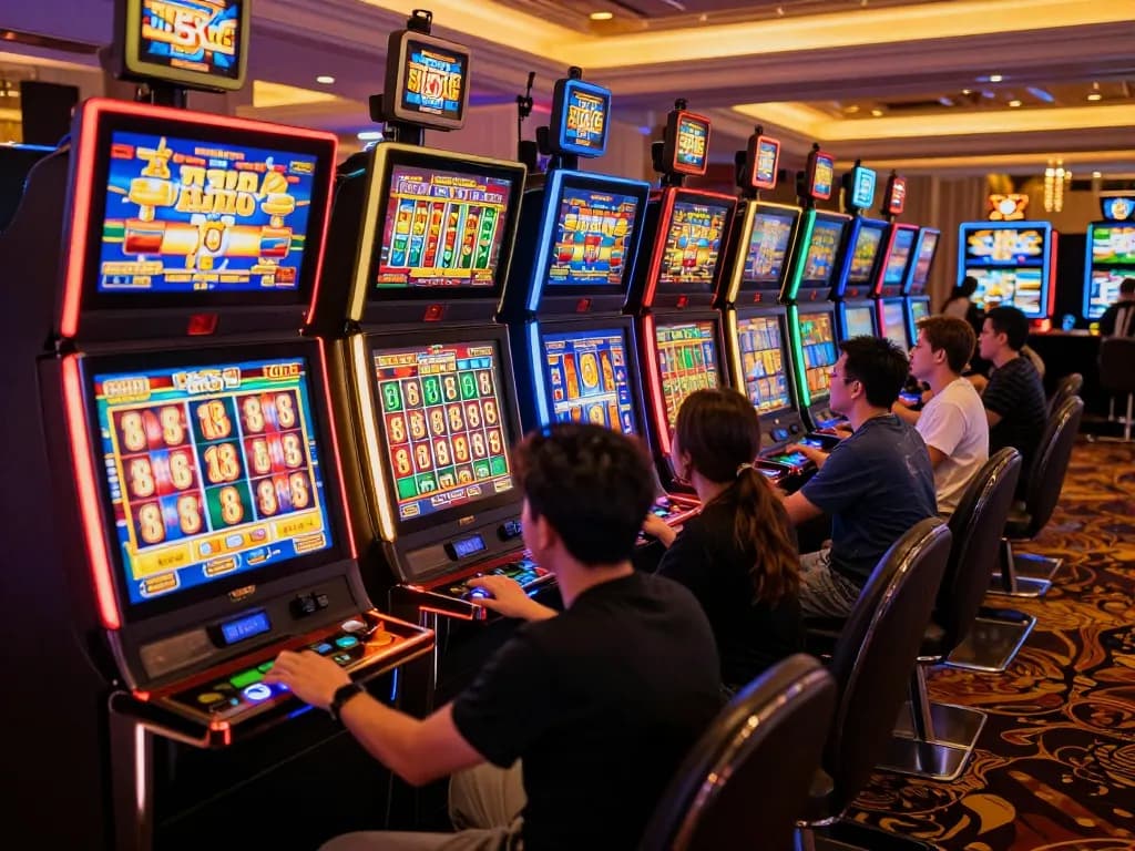 Engaging players activating 88 slot machines in a lively casino environment.