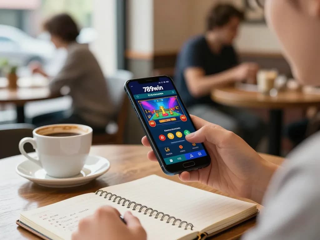 Player enjoying the 789win app on a smartphone while sipping coffee in a cozy atmosphere.