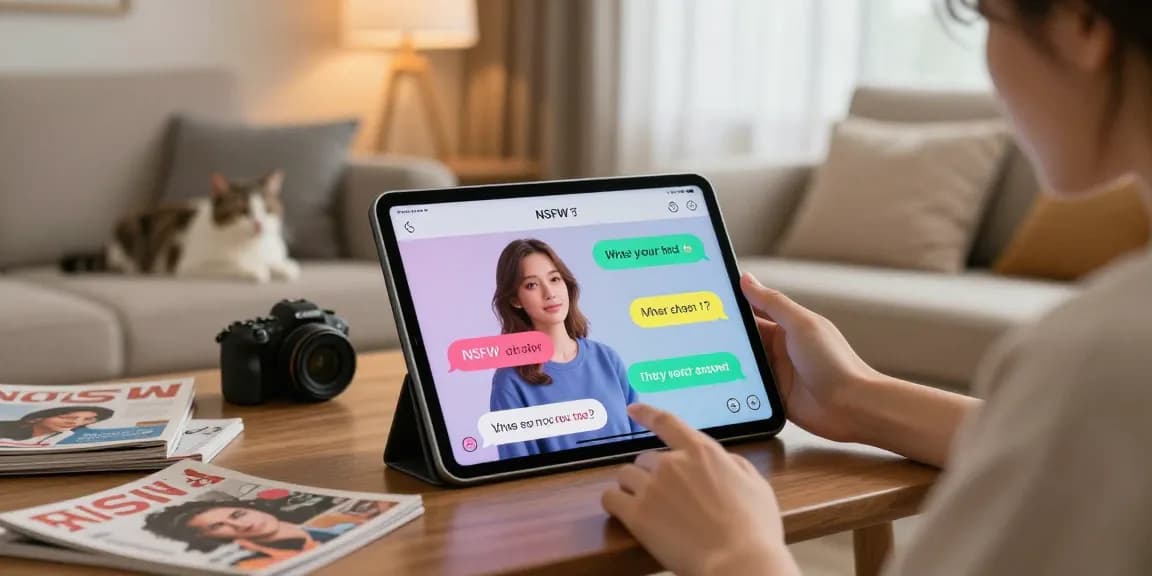 Interactive user enjoying an NSFW chat experience with AI character in a cozy living room.