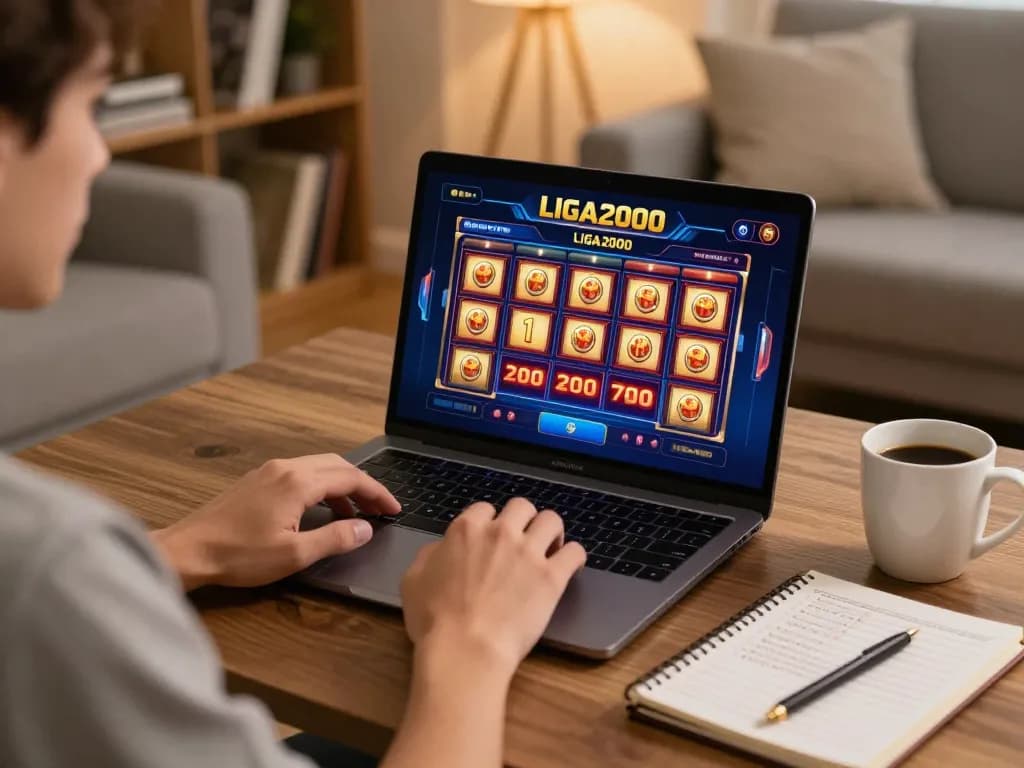 LIGA2000 online gambler strategizing over a laptop in a cozy home setting.