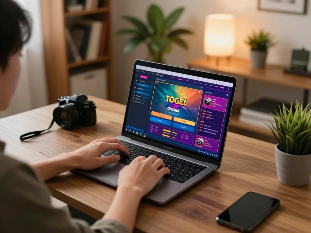 Engaged player using a laptop for togel online gaming at home in a cozy setup