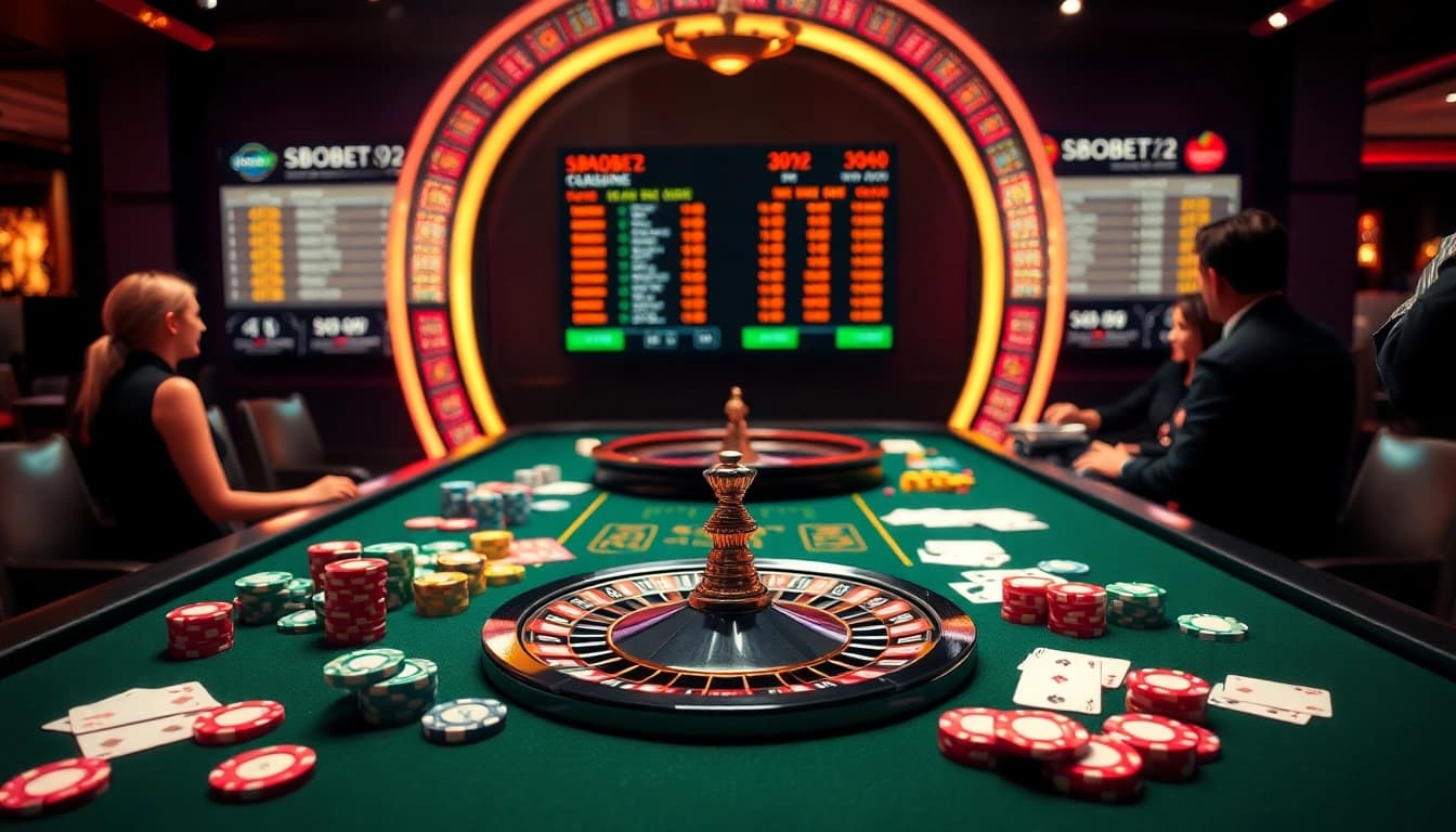 SBOBET92 live betting scene with poker chips and a roulette wheel in an upscale casino.