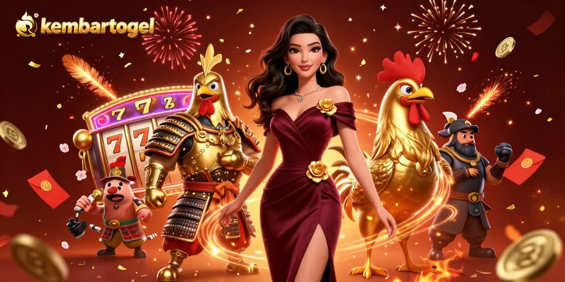 Kembartogel features a glamorous woman beside a golden rooster warrior amid celebratory slot game elements.