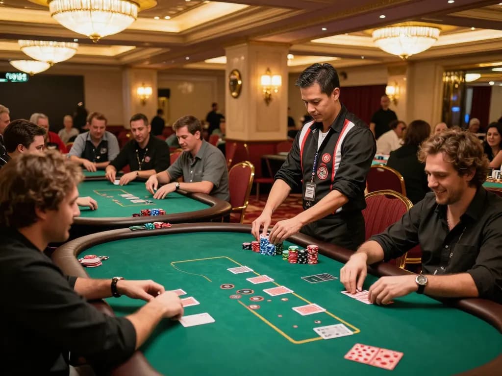 GO88 players enjoying poker at a vibrant casino floor, highlighting dynamic gameplay.