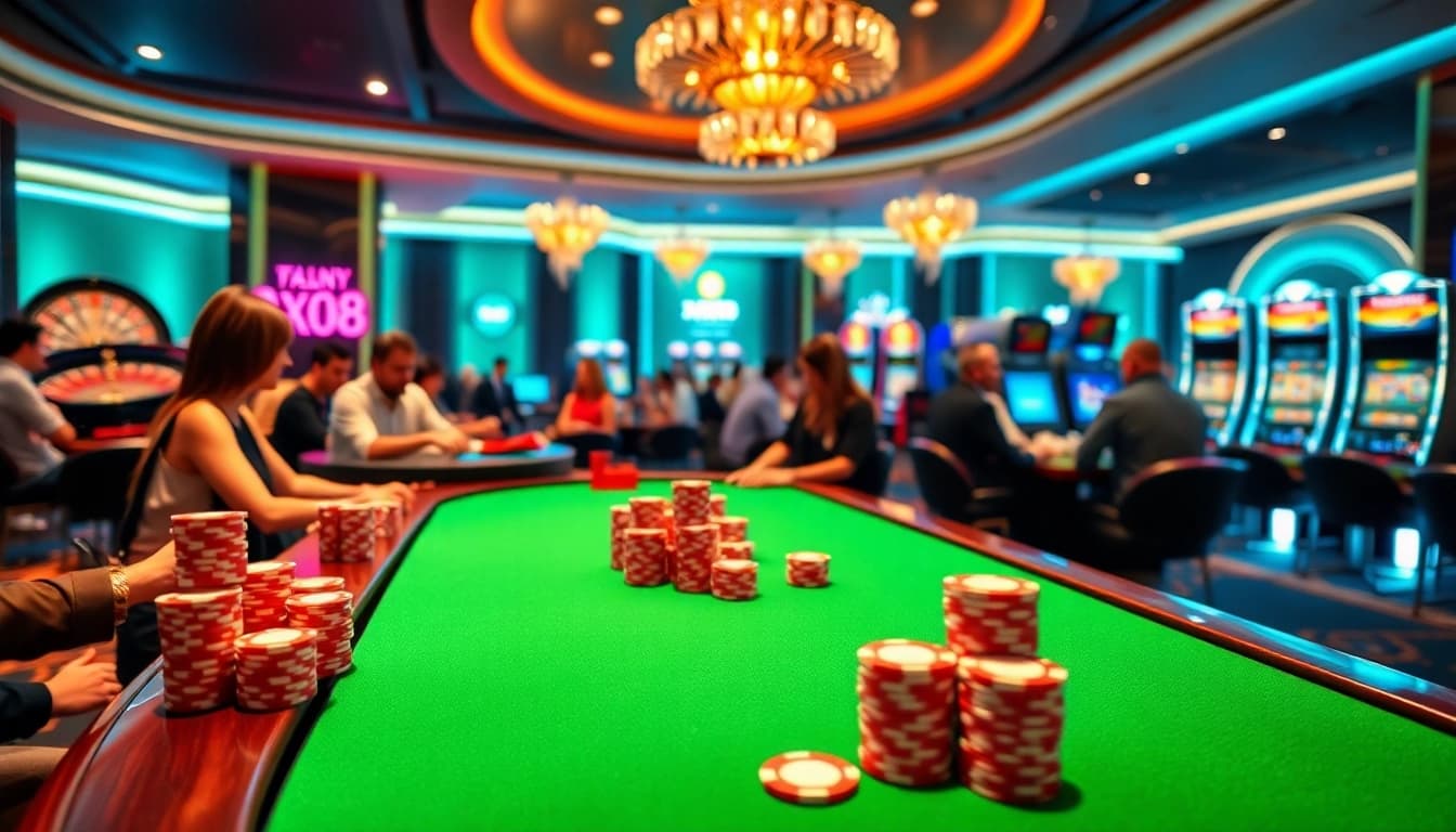 Experience the thrilling atmosphere of XX88 Casino with poker chips and a roulette wheel.