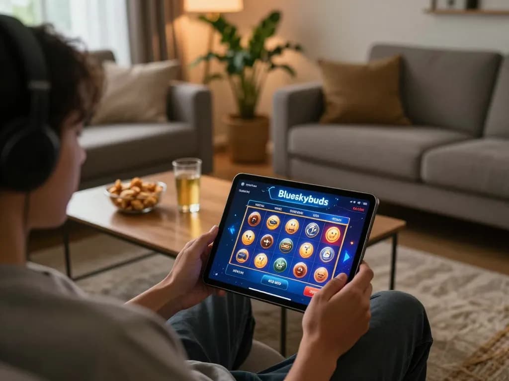 Engaging interaction with blueskybuds online slot games in a cozy home setting, highlighting responsible gaming.