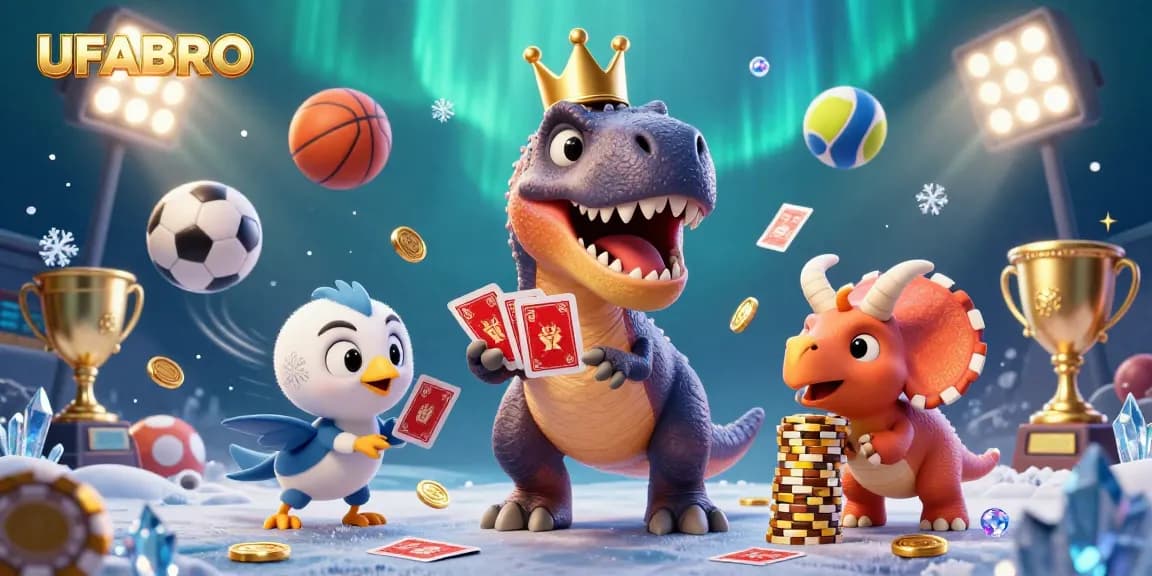 Experience UFABRO's thrilling casino atmosphere with a dinosaur card game scene full of energy.