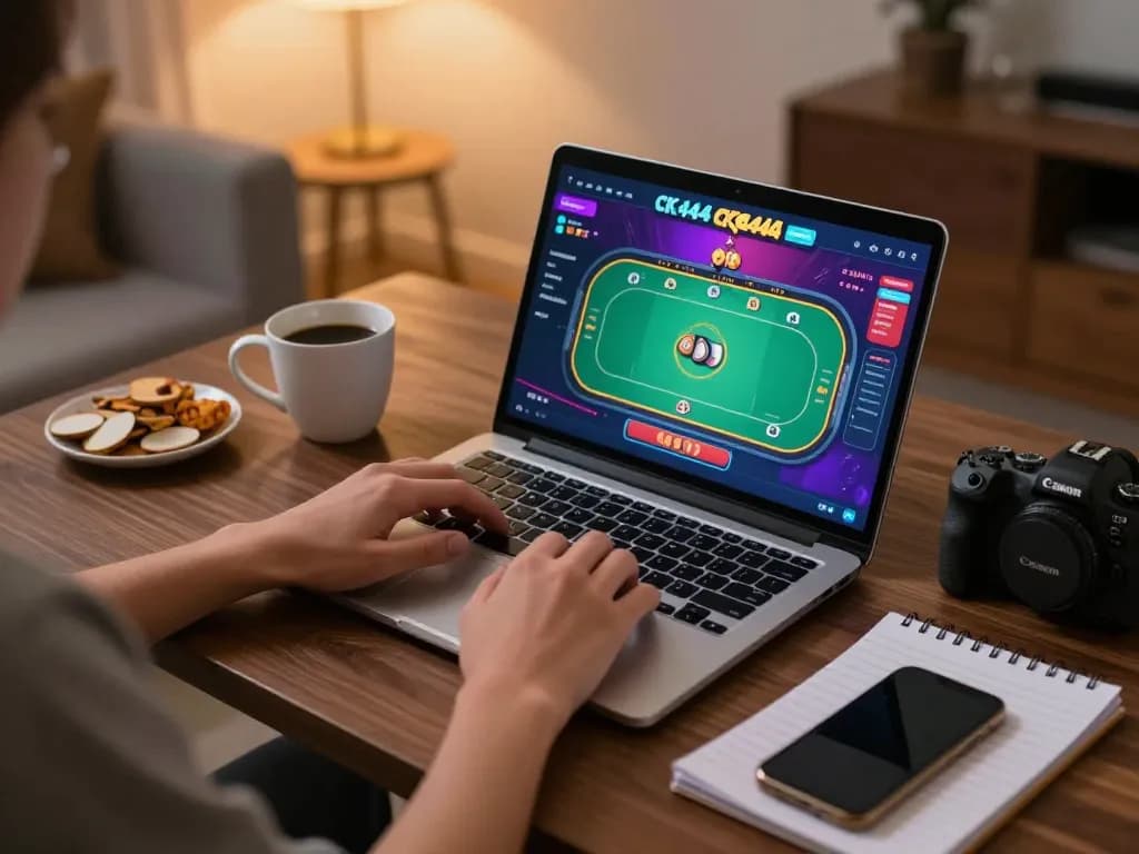 Playing CK444 online in a cozy home office setting, engaging with poker gameplay on a laptop.