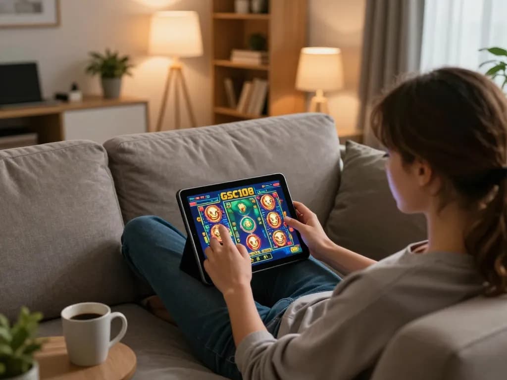 Player engaging with Gsc108 slots in a cozy home gaming setup, showcasing tablet and warm interior.