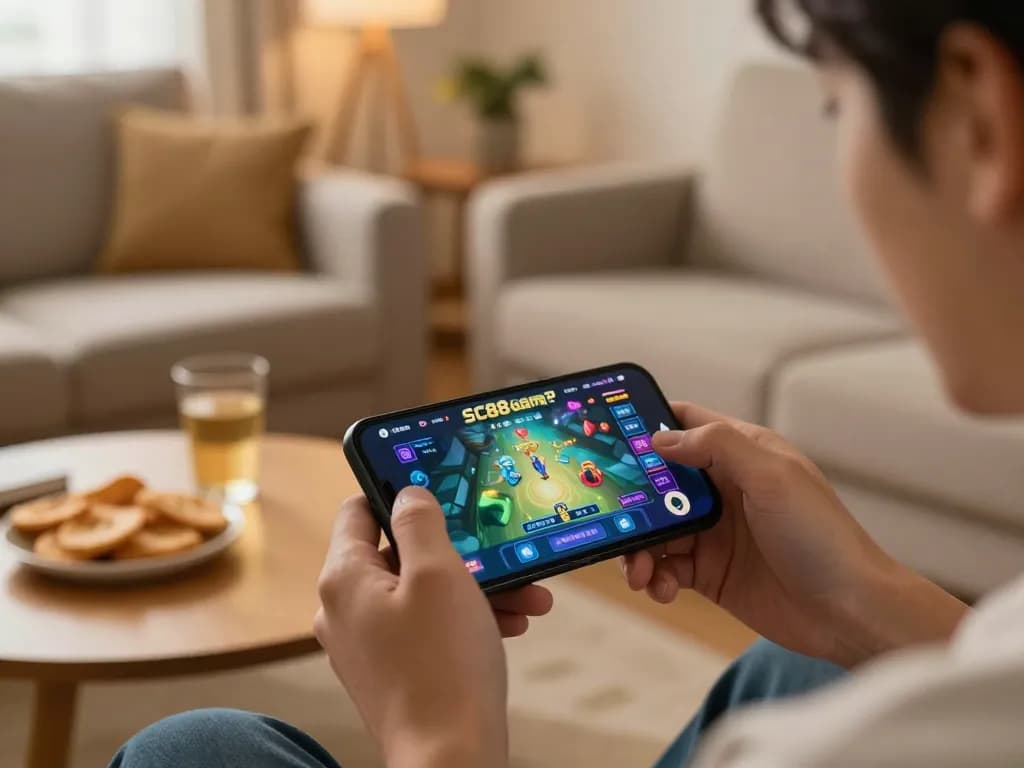 Enjoying SC88 Game on a smartphone in a cozy home setting with snacks nearby