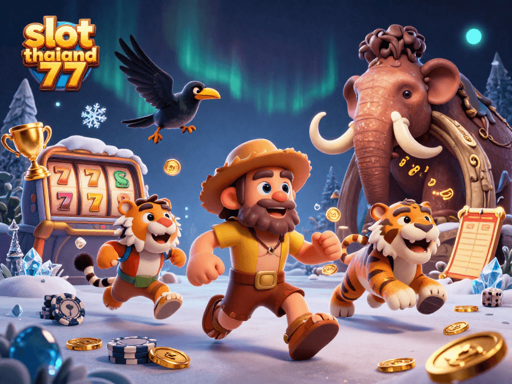 Engage with slot thailand 777 in this dynamic 3D casino scene filled with prehistoric characters and gaming elements.