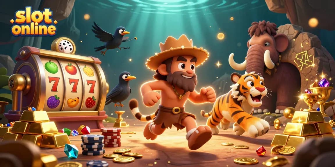 Experience thrilling slot online adventures with a playful caveman, sabertooth tiger, and clever crow celebrating casino wins.
