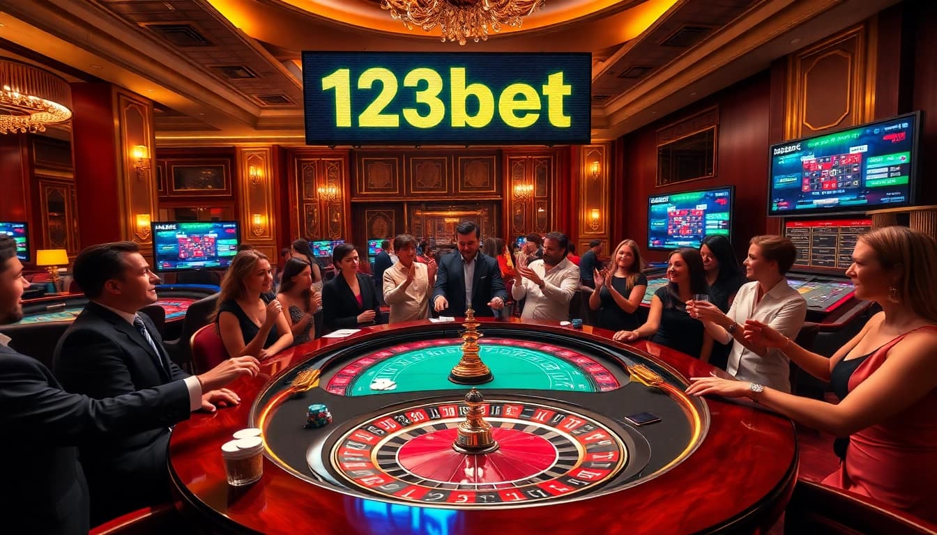 Experience the thrill of betting at 123bet with lively casino visuals, including roulette and poker scenes.