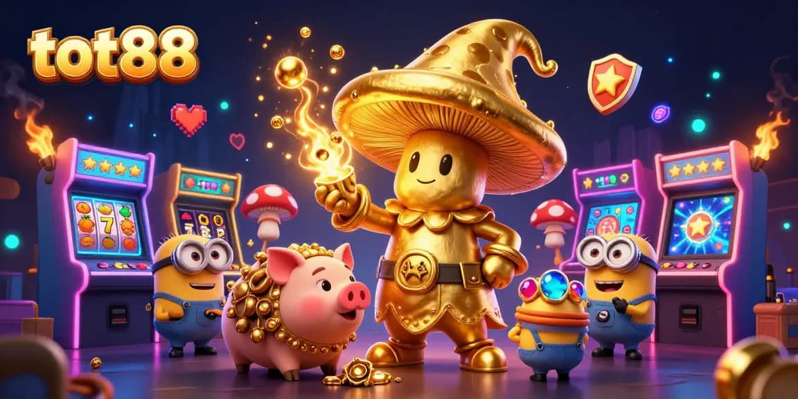 Experience the excitement of tot88 with golden treasures, slot reels, and magical creatures in a vibrant casino scene.