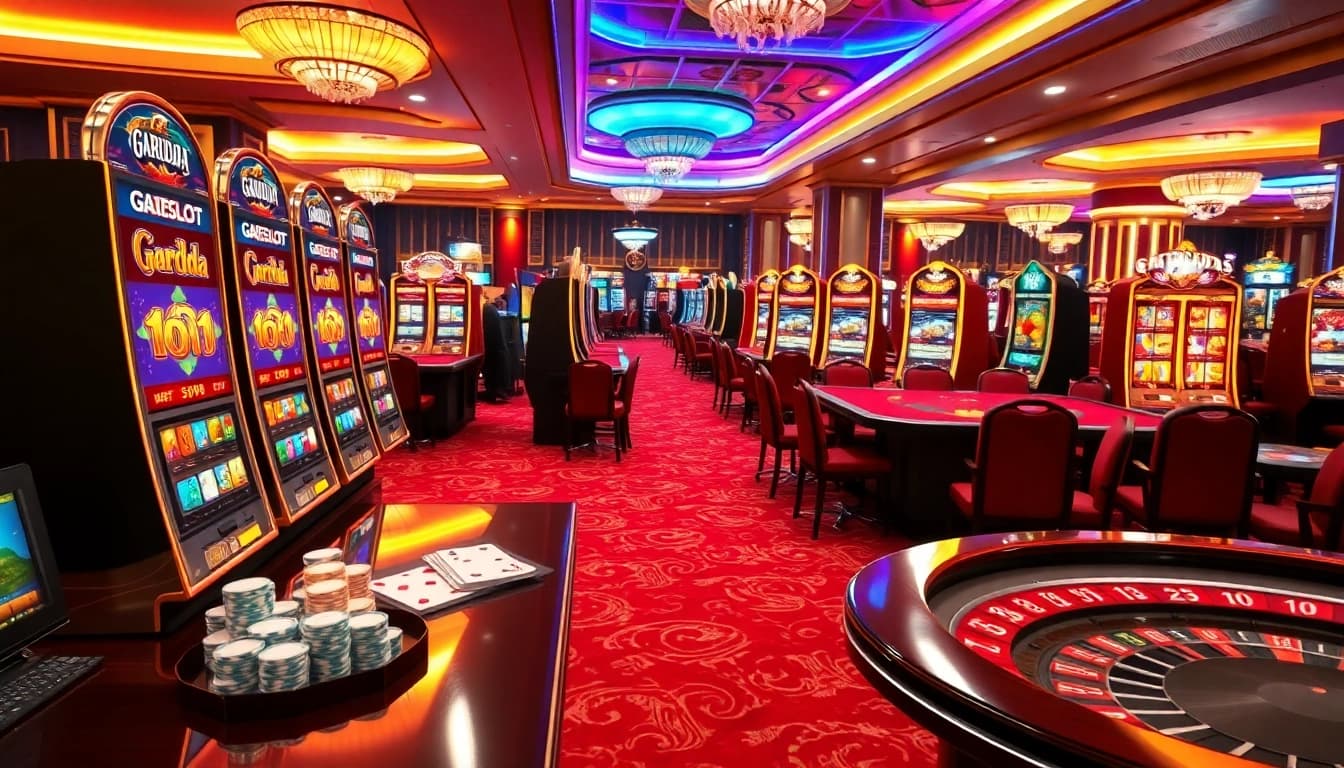 Players enjoy a vibrant garuda slot experience in a luxurious online casino, complete with colorful slot machines.