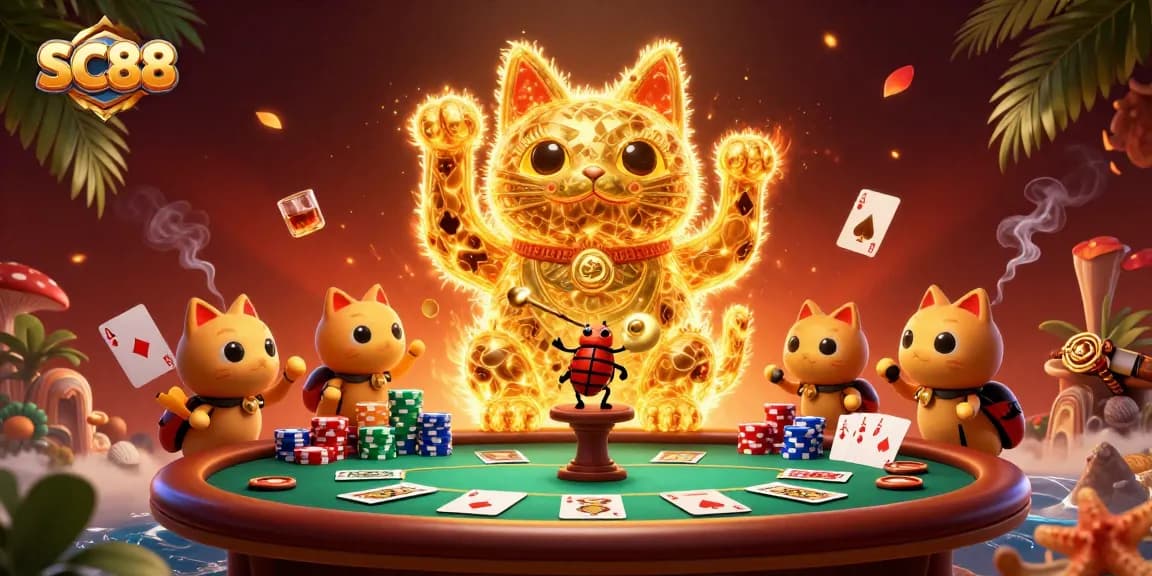 Engage with SC88's vibrant poker scene featuring a lucky cat and playful fireflies.