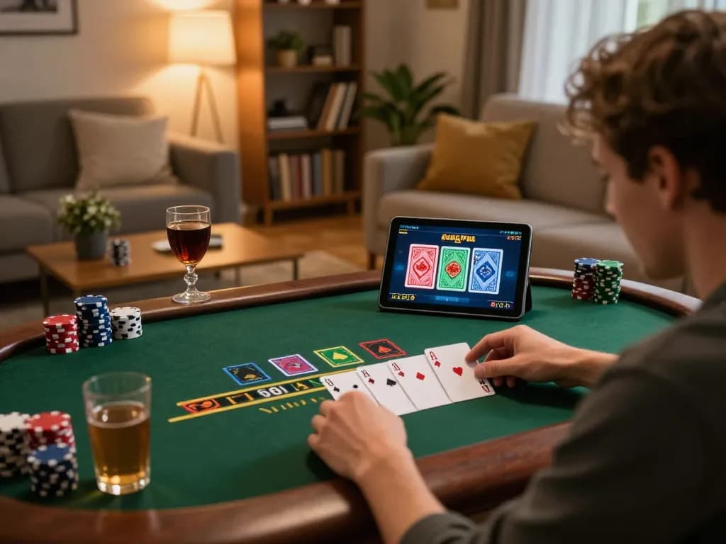 Player enjoying an intense blackjack game on llwin while cozying up in their living room.