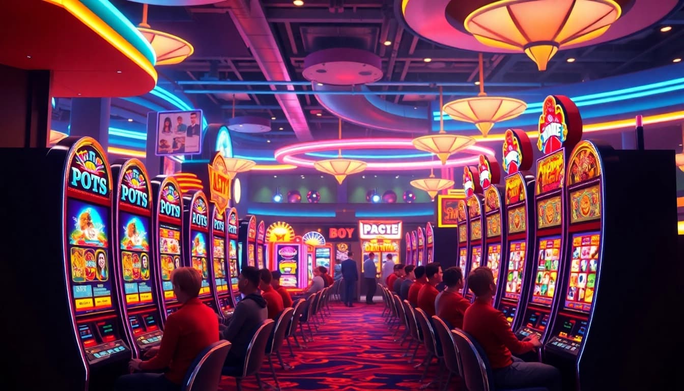 Garasislot menarik dengan mesin slot berwarna-warni dan pemain antusias di kasino virtual.