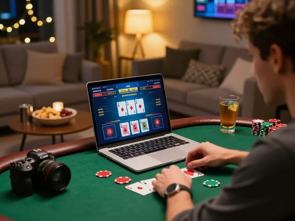 Player engaging on cucu777 site while strategizing in a cozy home setting.