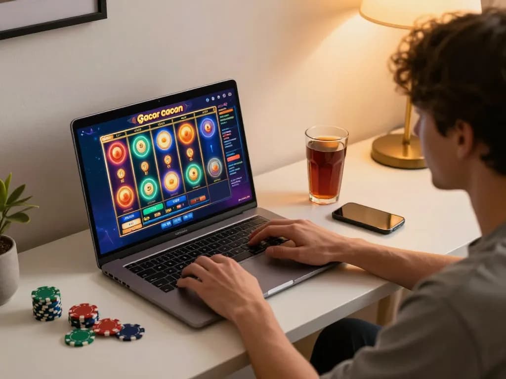 Engaged player activating a slot gacor game on their laptop in a cozy gaming setup.