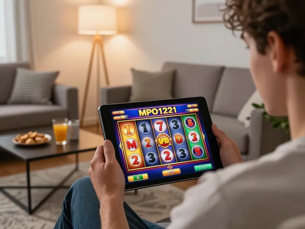 Pemain MPO1221 memutar gulungan di tablet, menikmati pengalaman permainan slot yang aman di rumah.