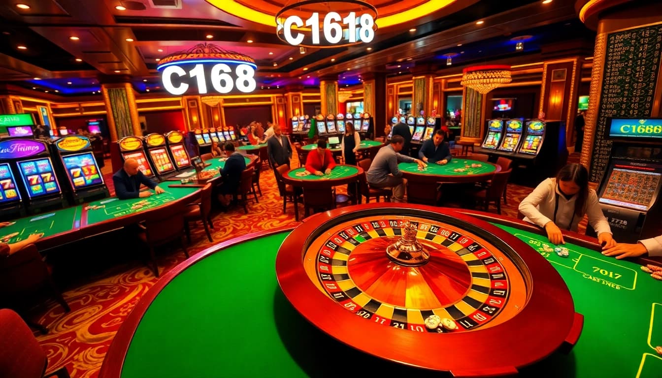 C168 branded poker chips and roulette wheel on a vibrant casino floor.
