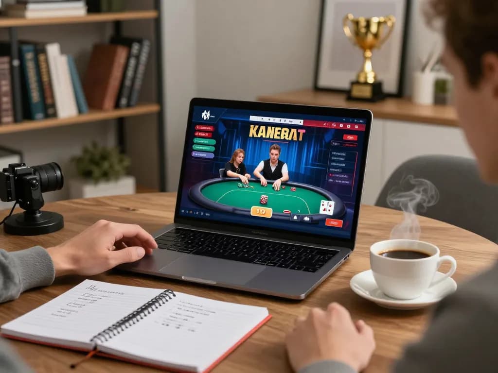 Player engaging in online poker at home with bl555 gaming interface visible and strategy notes nearby.