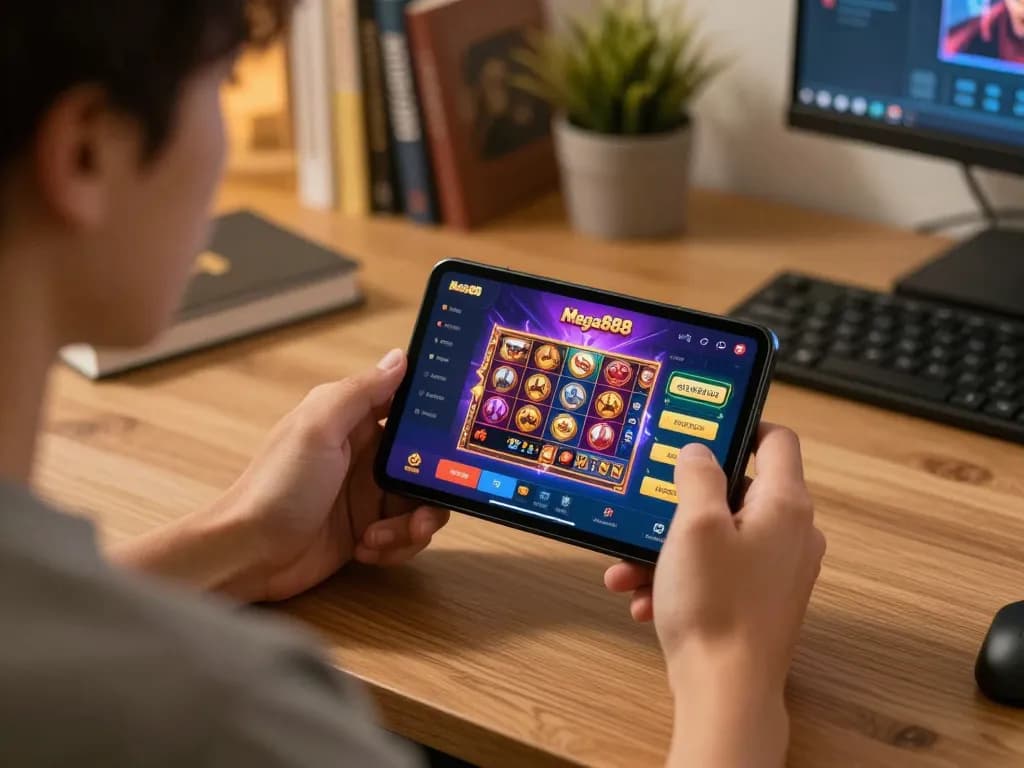 Mega888 original agent user engaging with mobile gaming app in a cozy home setting.