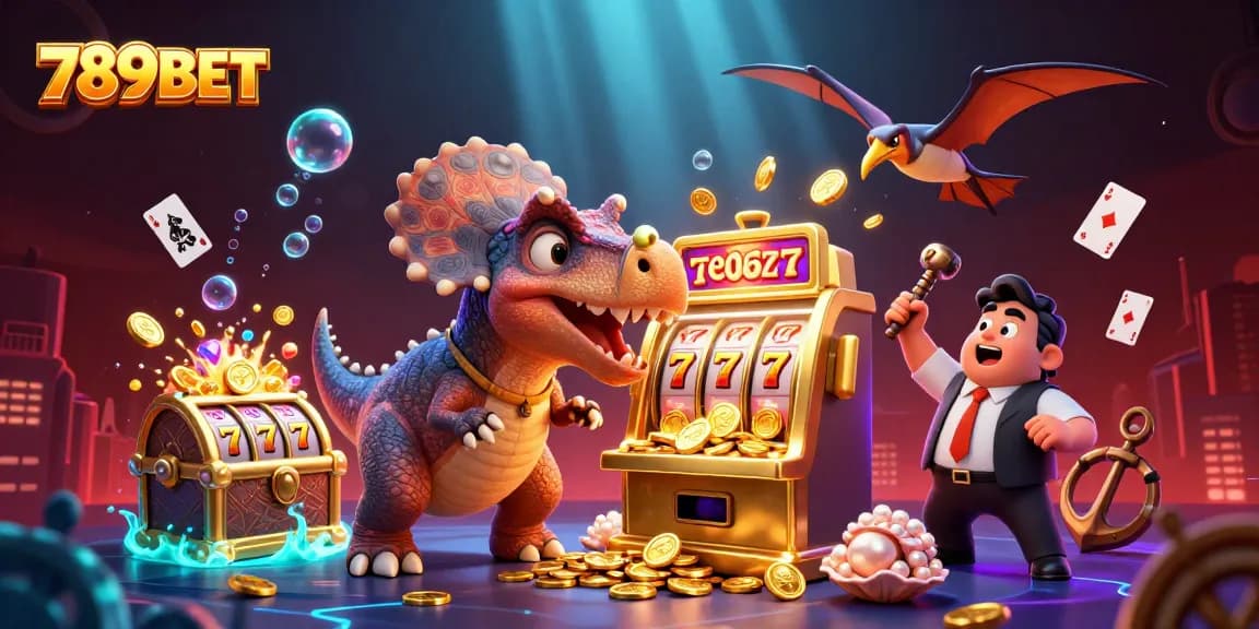 Experience thrilling jackpots at 789BET with a dinosaur next to a golden slot machine amidst a vibrant casino scene.