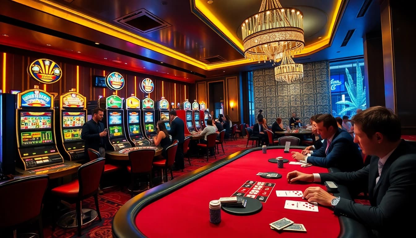 SODO casino scene showcasing vibrant poker games and slot machines in a luxurious setting.