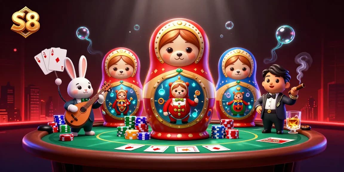Play to win at S8 with vibrant casino-themed artwork featuring bears and gaming elements.