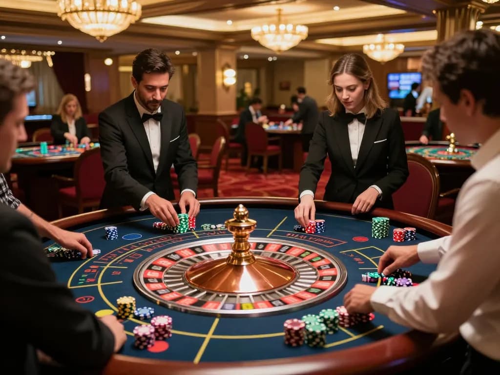 Players engaging in roulette at a sunwin casino, vibrant chips and warm lighting create a lively atmosphere.